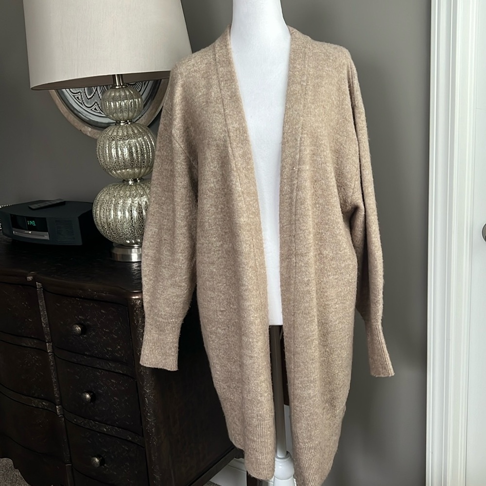H & M tan car coat length sweater